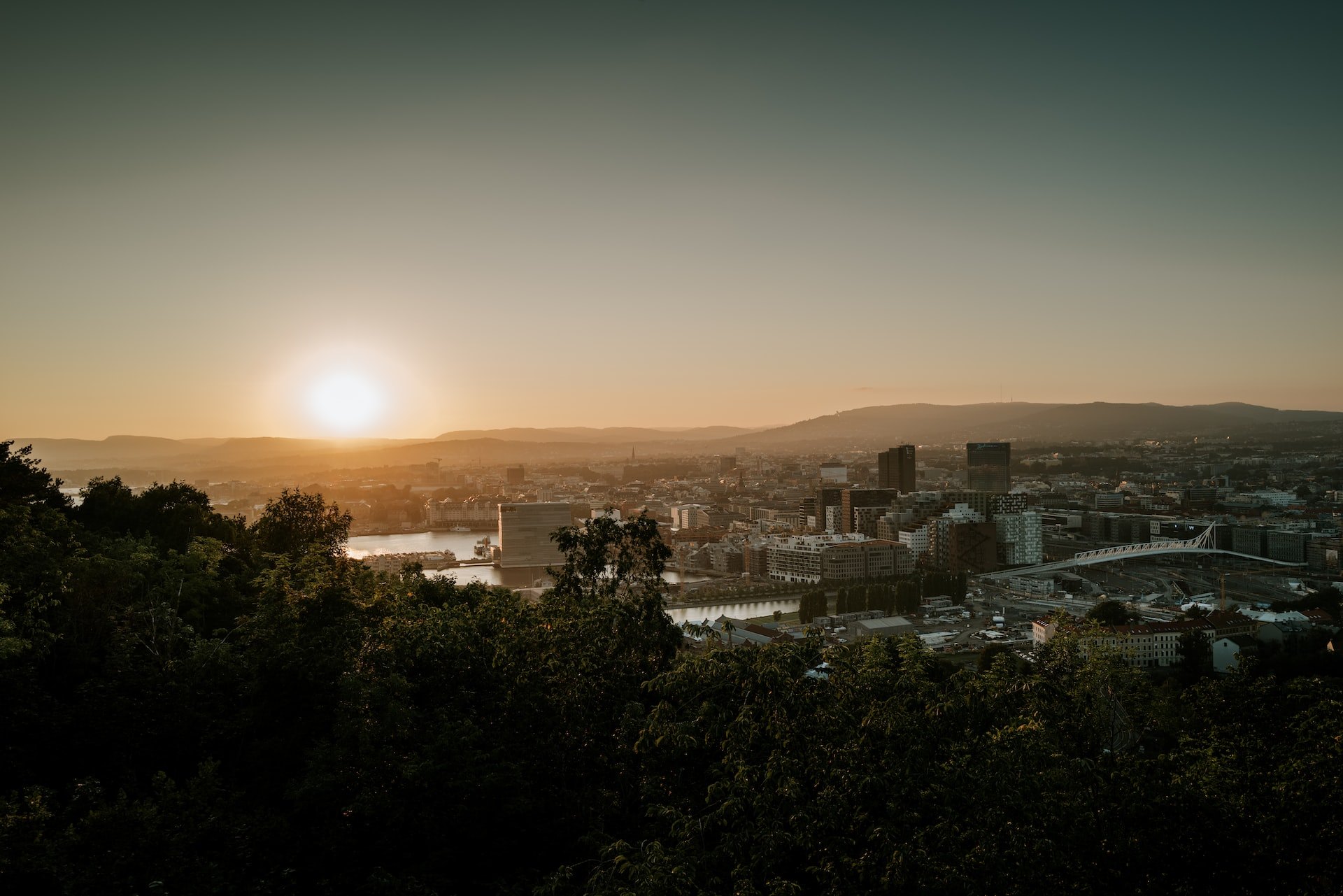 Solnedgang over Oslo sett fra en skogkledd ås