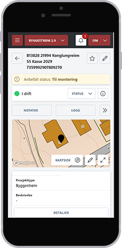 Byggestrøm-modulen på mobil, med status for et byggestrømskap