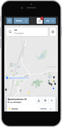 Energi-modulen på mobil, med prosjekter i kart