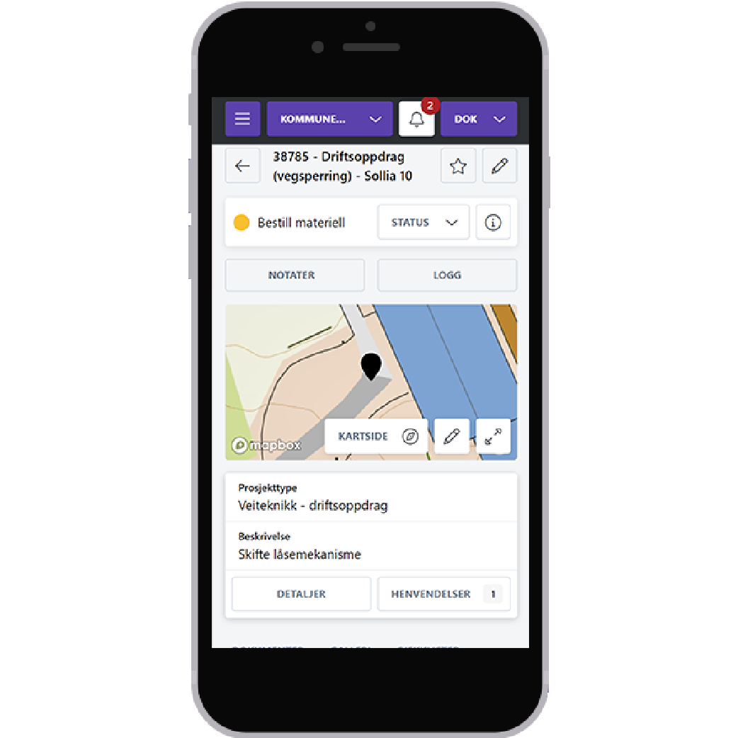 Kommuneoppdrag-modulen på mobil, med detaljer om et driftsoppdrag