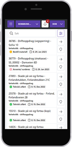 Kommuneoppdrag-modulen på mobil, med liste over driftsoppdrag
