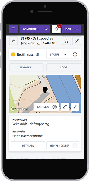 Kommuneoppdrag-modulen på mobil, med detaljer om et driftsoppdrag