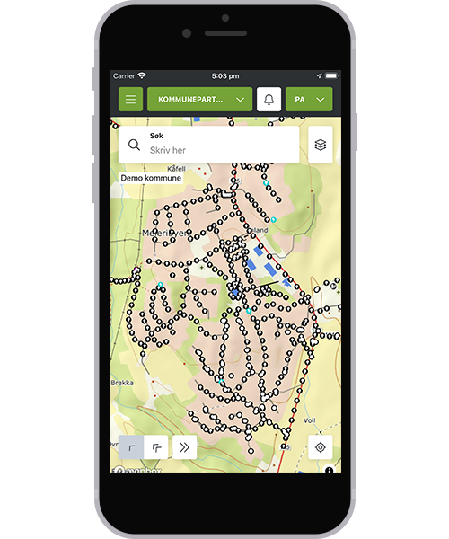 Kommunepartner-modulen på mobil, med gatelys i kart