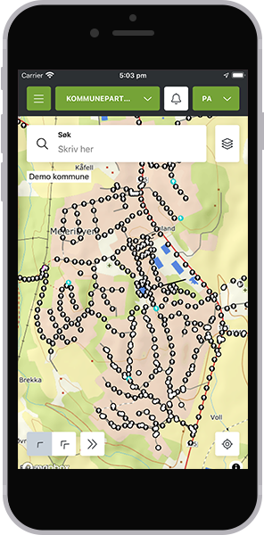 Kommunepartner-modulen på mobil, med gatelys i kart