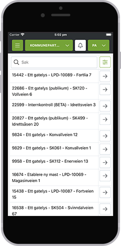 Kommunepartner-modulen på mobil, med liste over oppdrag på gatelys