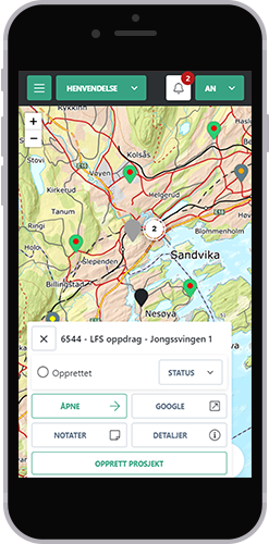 Oppdragsgiver-modulen på mobil, med henvendelser i kart