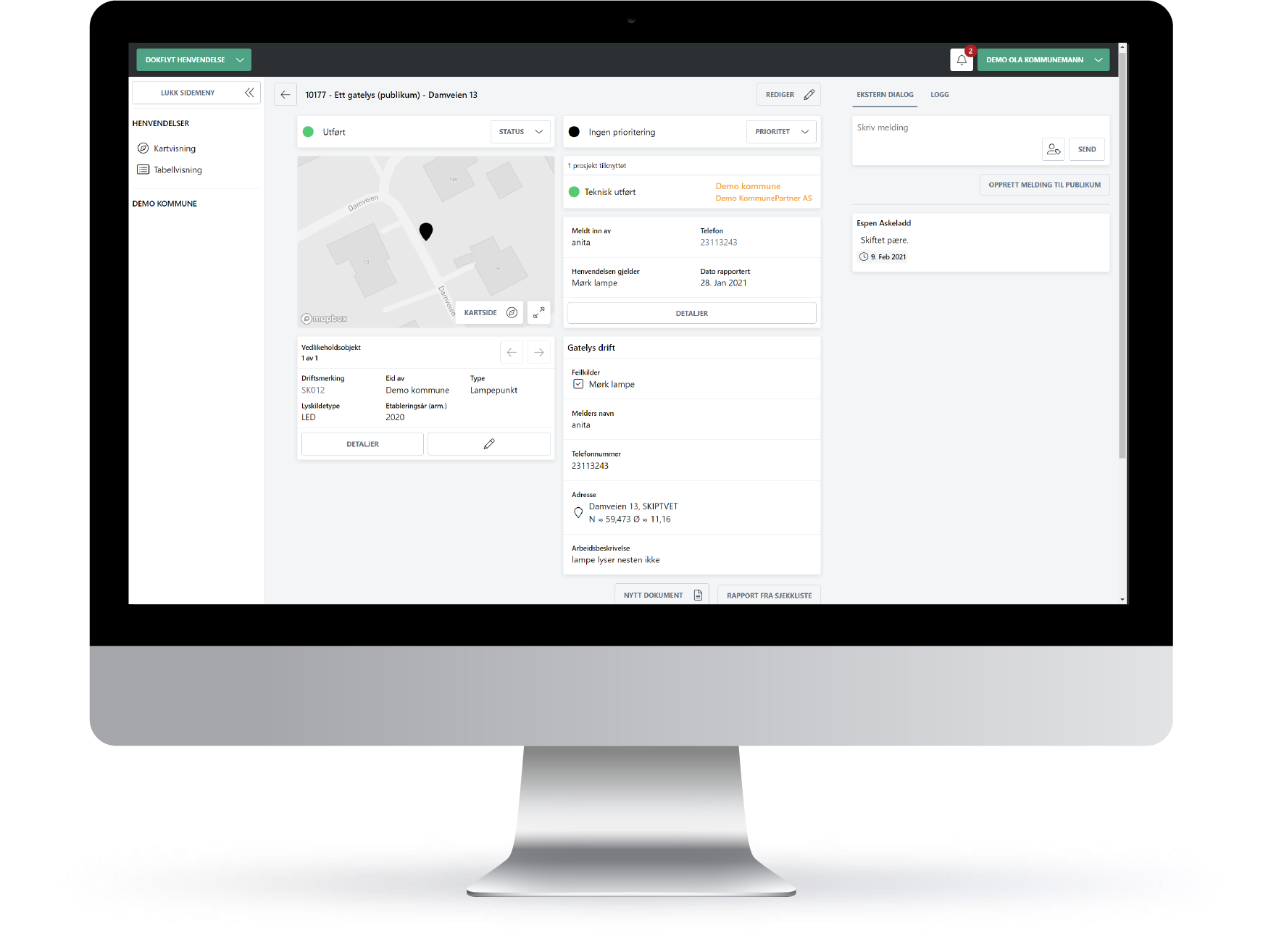 Oppdragsgiver-modulen på pc, med detaljer om en henvendelse