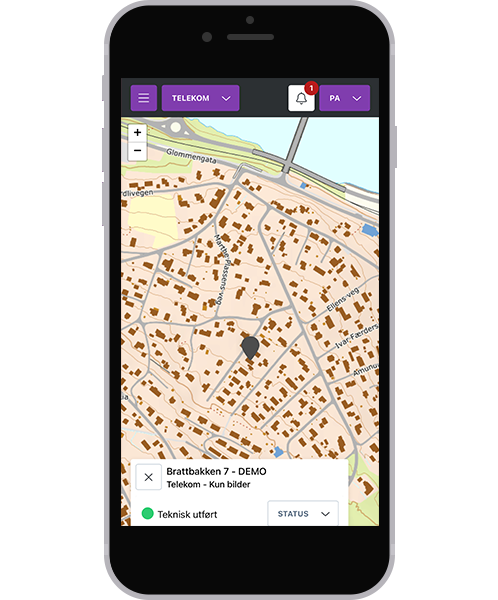 Telekom-modulen på mobil, med prosjekter i kart