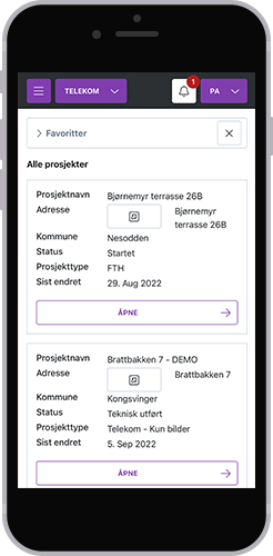 Telekom-modulen på mobil, med liste over prosjekter
