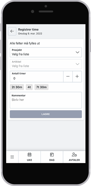 Time-modulen på mobil, med skjema for å registrere timer