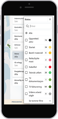 Veilys-modulen på mobil, med filter for prosjektstatus